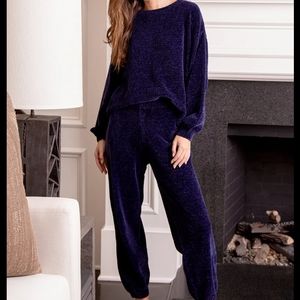 Lulu's Weekend Chiller Navy Blue Chenille Knit Balloon Sleeve Sweater Jogger Set